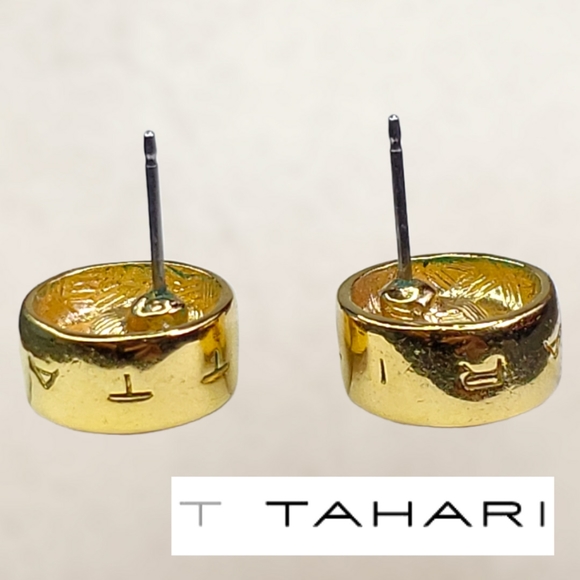 T TAHARI Logo Gold Tone Topaz Round Shaped Post Earrings - Picture 9 of 13